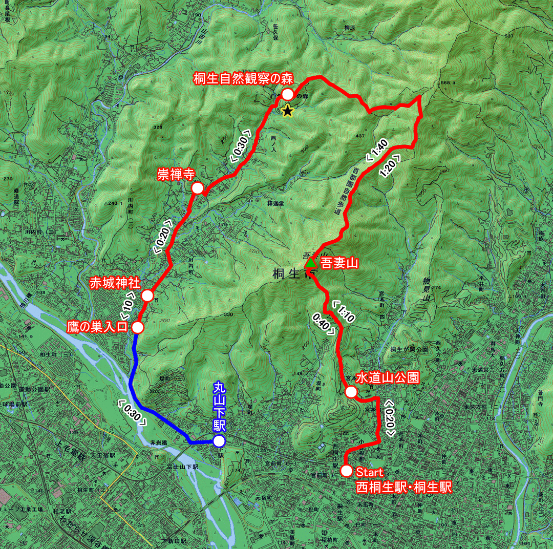 吾妻山から自然観察の森へのみち（群馬県・3-33） コースマップ