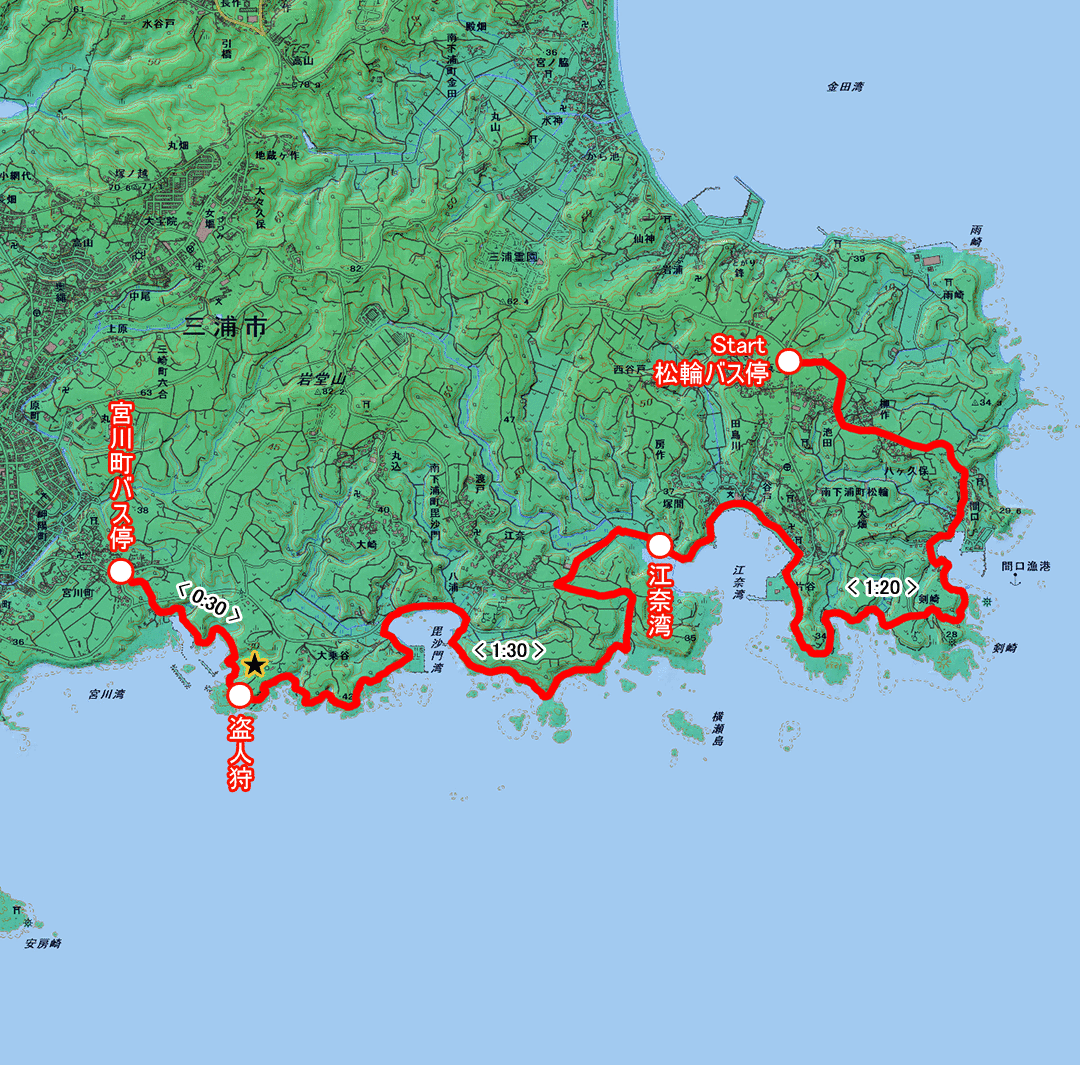 三浦・岩礁のみち（神奈川県・7-01） コースマップ